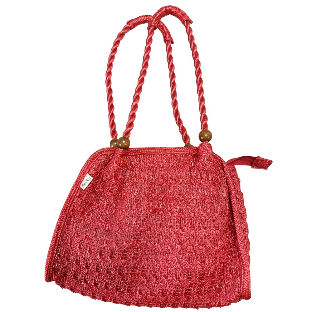 The Last Straw Holiday Fair Inc Red Woven Straw Handbag Wood‎ Bead Rope Handle